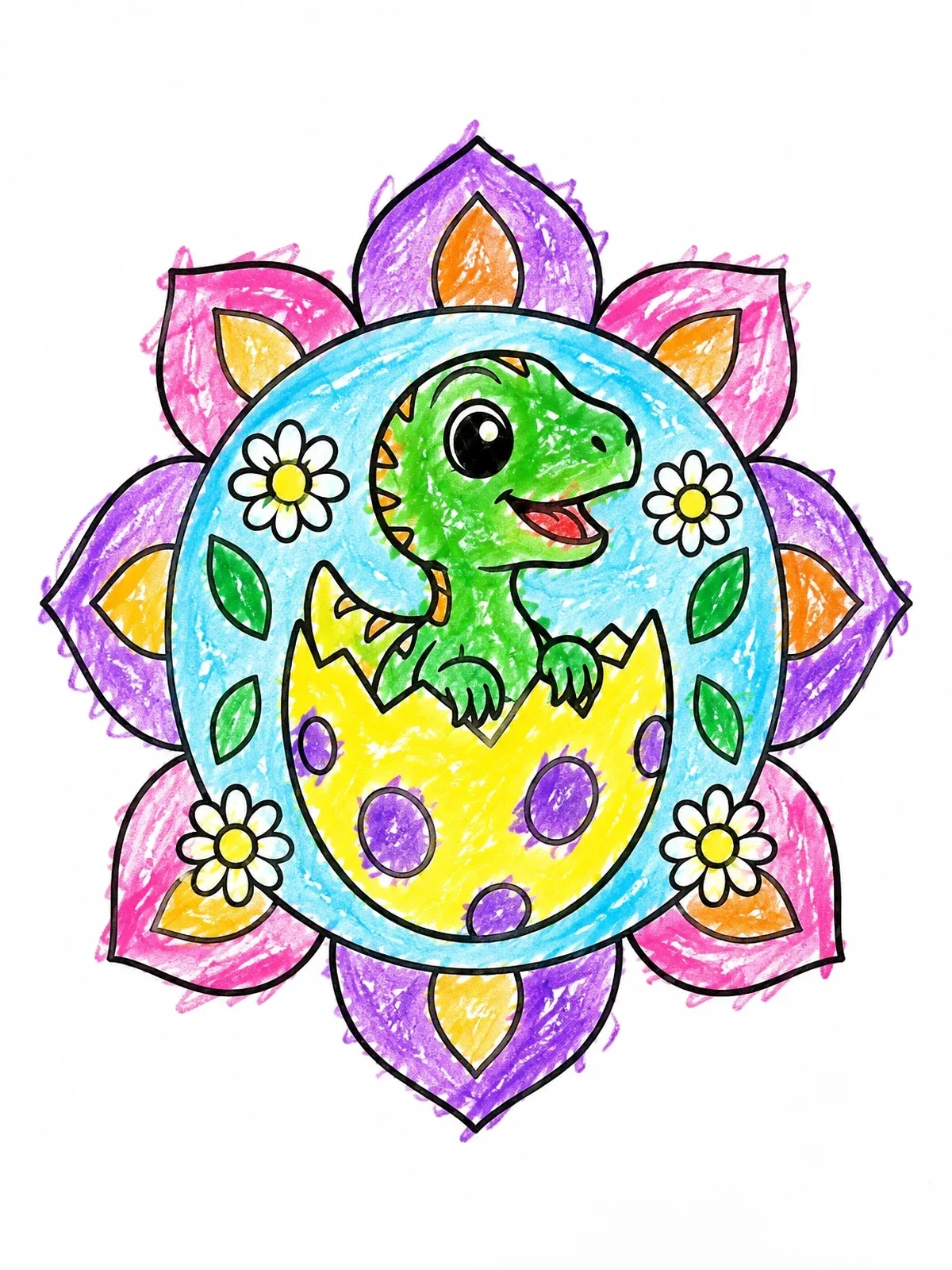 Colored example of the Baby Velociraptor Hatching In Flower Frame coloring page