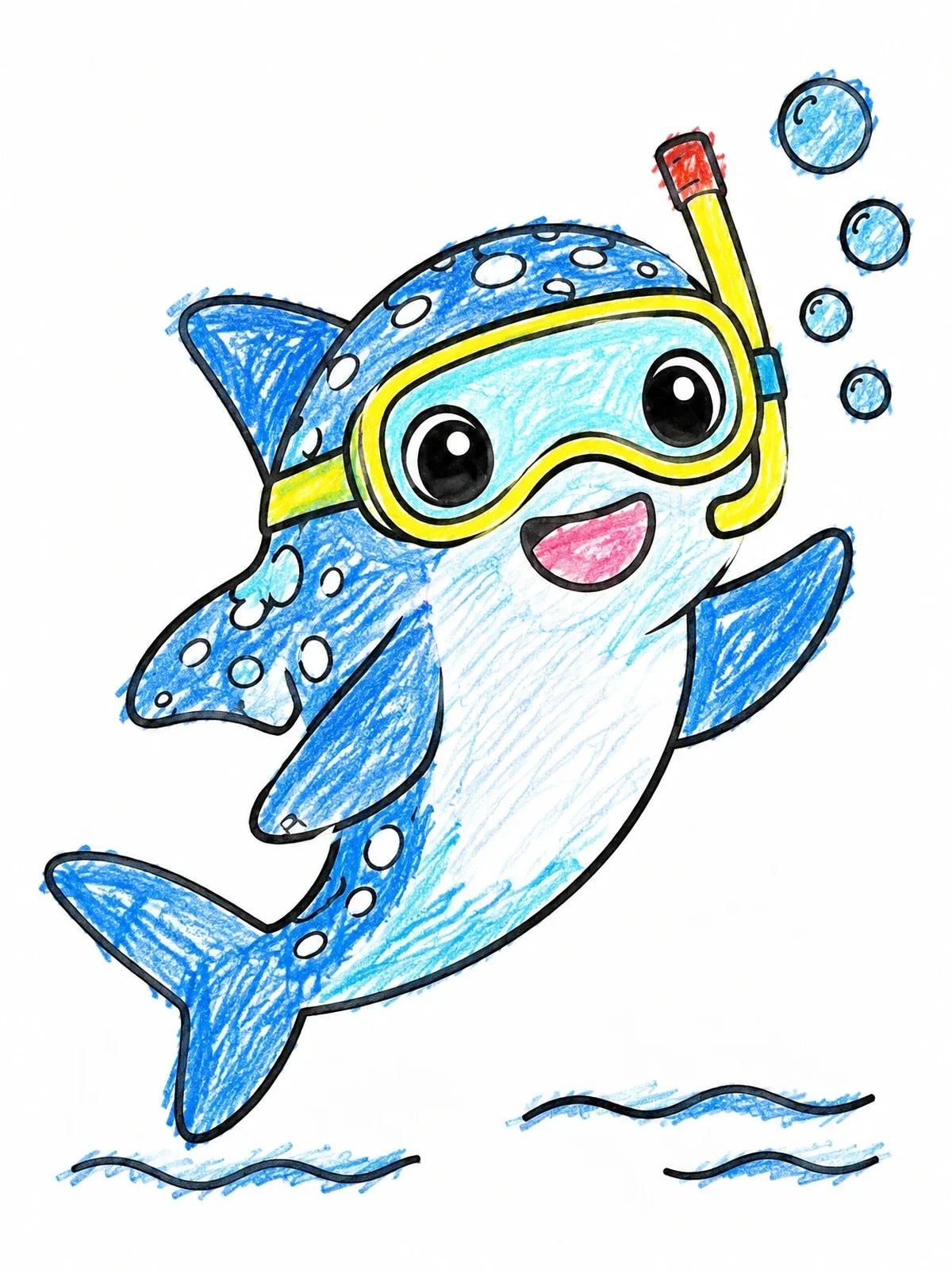 Colored example of the Cute Baby Whale Shark Snorkeling coloring page