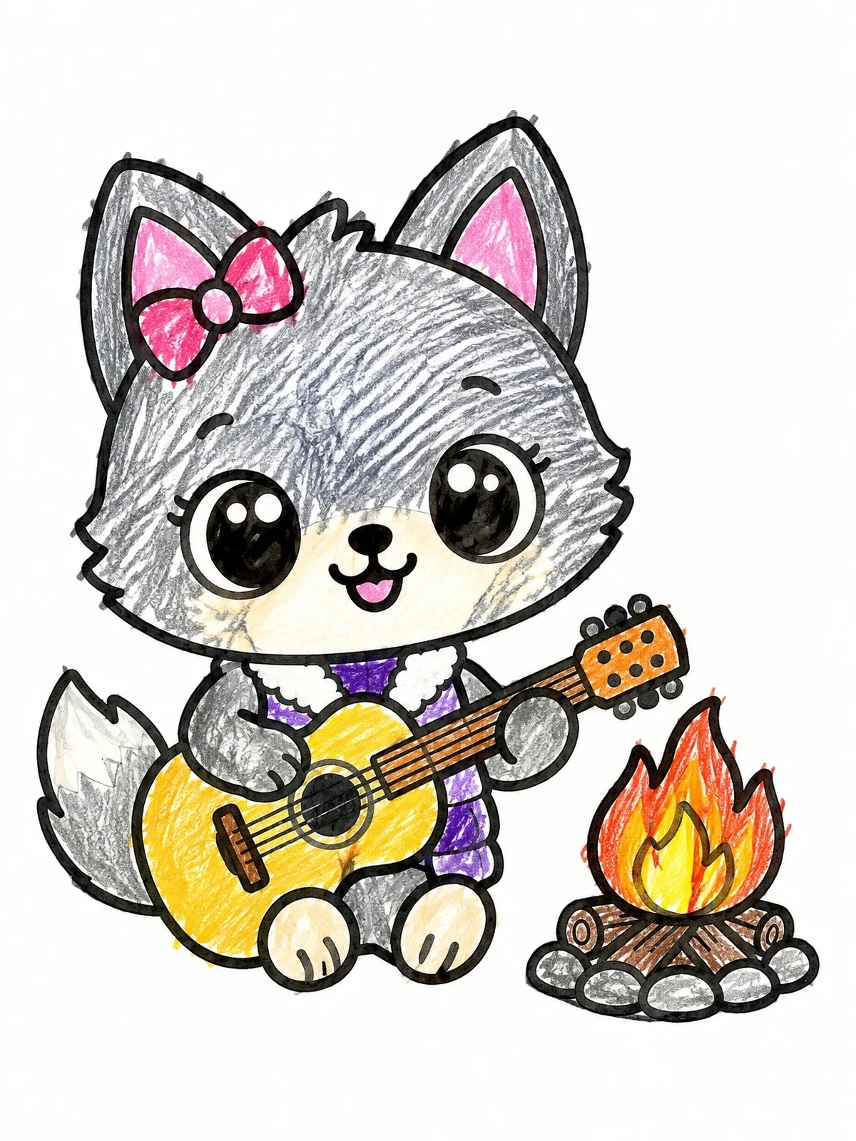 Colored example of the Cute Baby Wolf With Guitar By Campfire coloring page