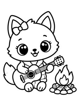 A cute wolf coloring page of a baby wolf playing acoustic guitar near a cozy campfire.