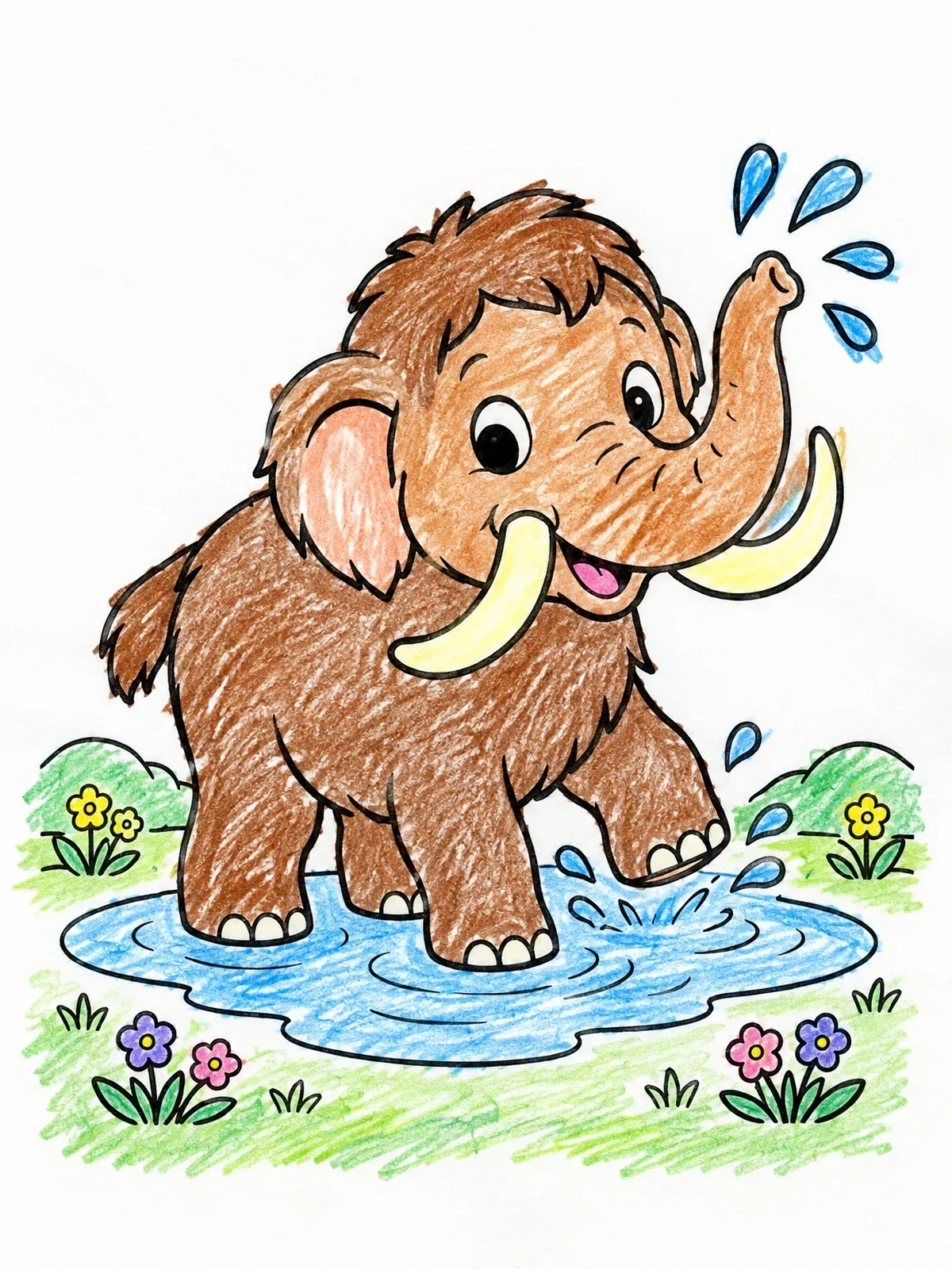 Colored example of the Playful Baby Mammoth In Puddle coloring page