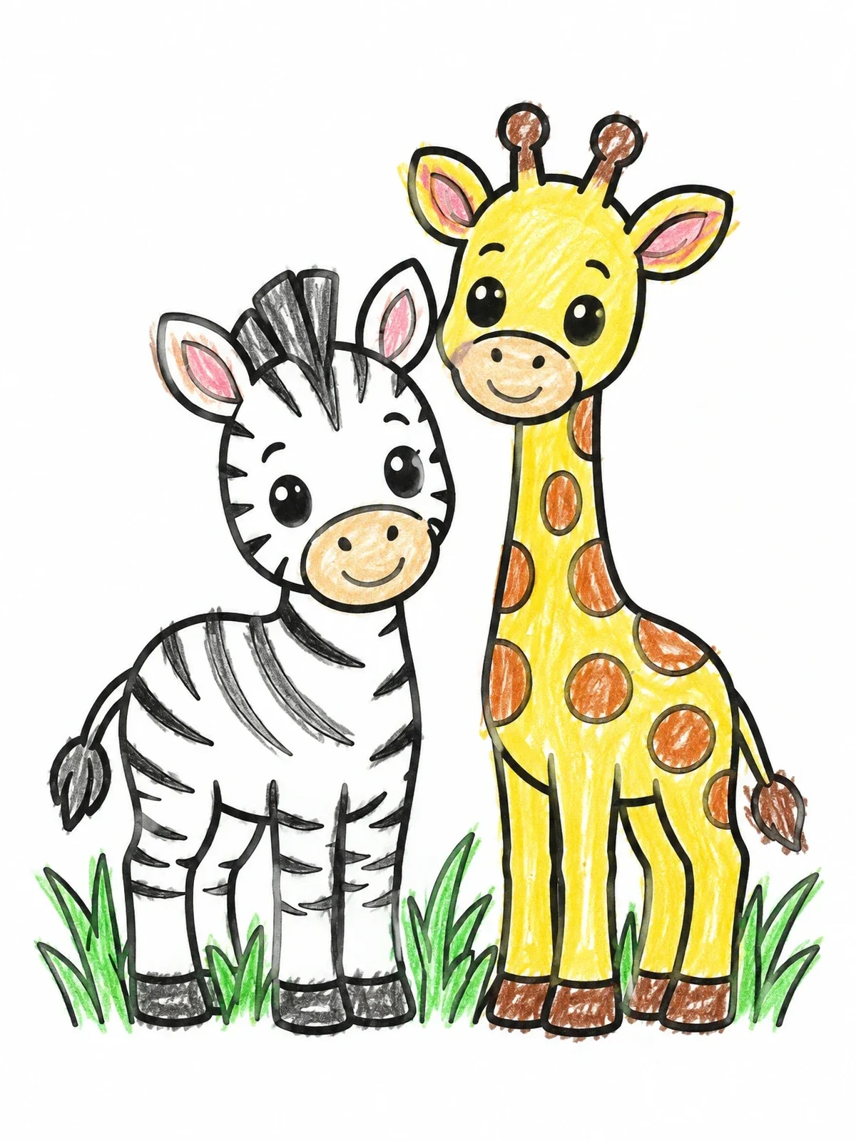 Colored example of the Cute Baby Zebra And Giraffe coloring page