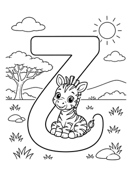 A sweet baby zebra coloring page with the letter Z on a sunny savanna landscape.
