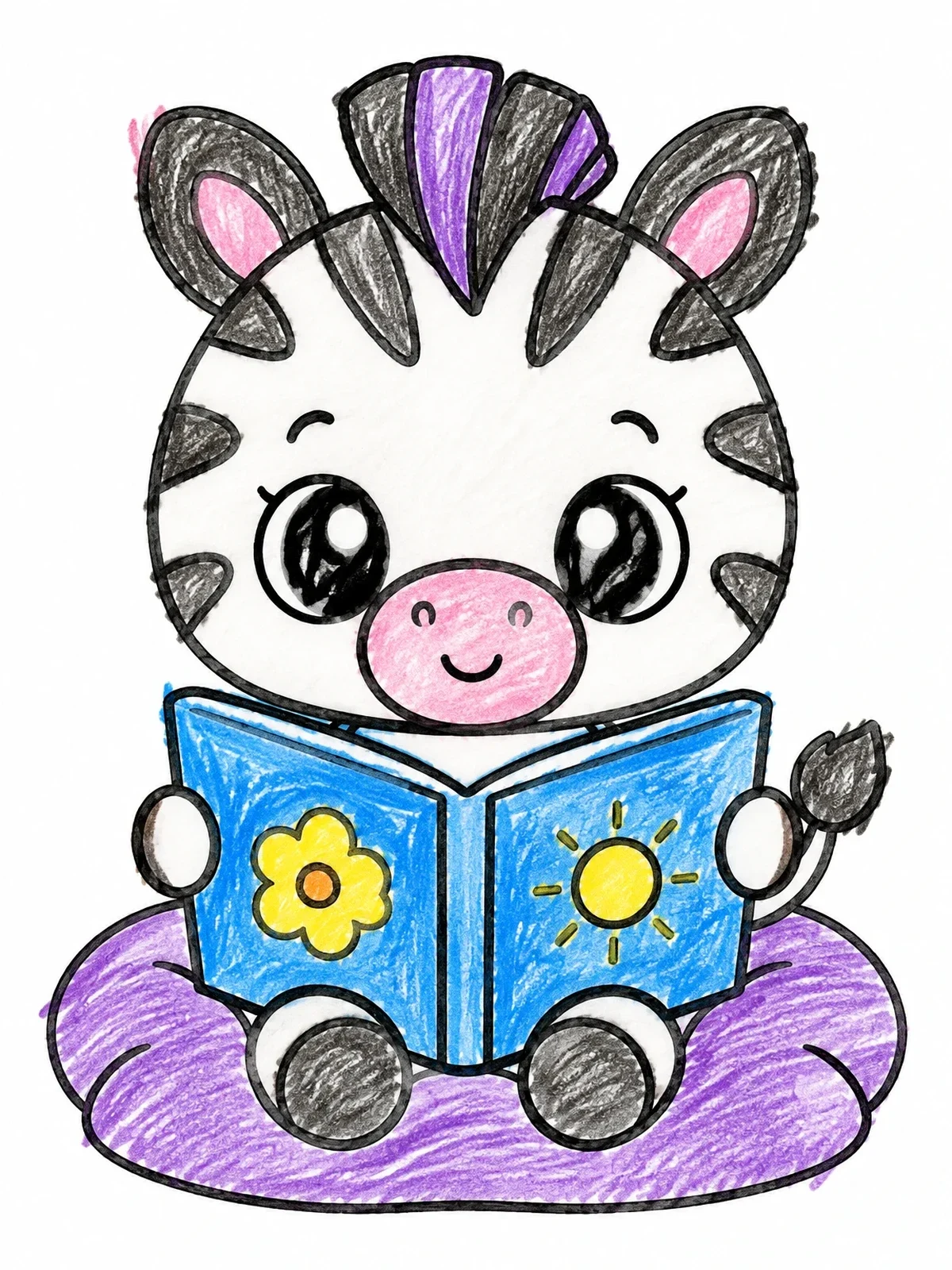 Colored example of the Cute Baby Zebra Reading A Book coloring page