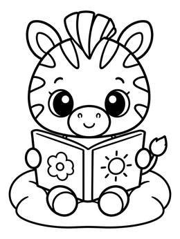 A sweet zebra coloring page with a baby zebra reading a picture book on a cushion.