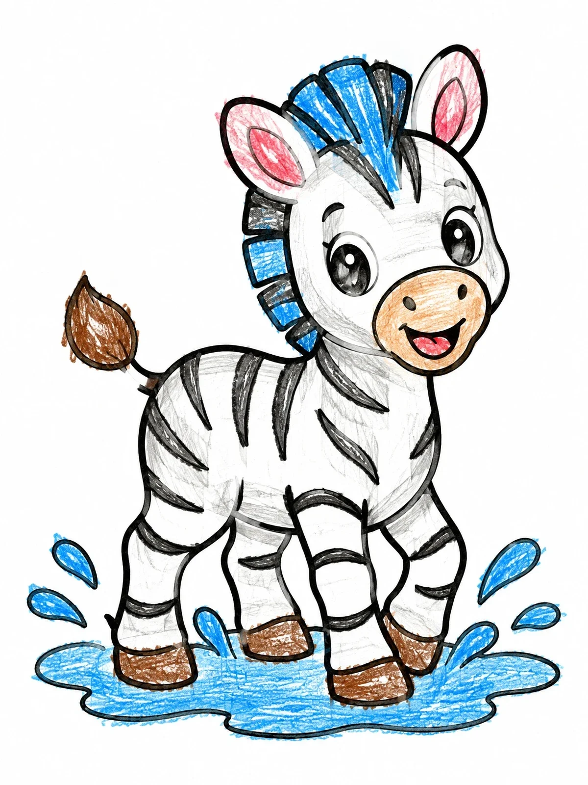Colored example of the Playful Baby Zebra Splashing In Water coloring page