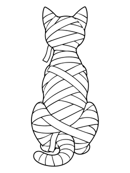 A seated cat viewed from behind wrapped in bandages on this mummy coloring page.