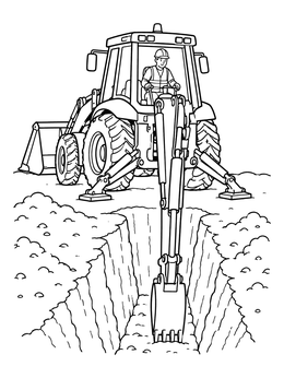 A detailed backhoe coloring page showing an operator digging deep into the ground with stabilizer legs extended.