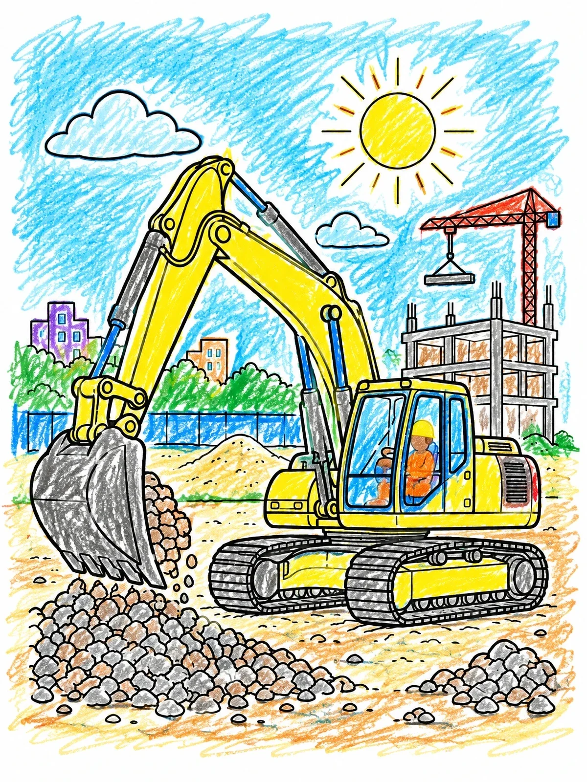 Colored example of the Excavator At Busy Construction Site coloring page