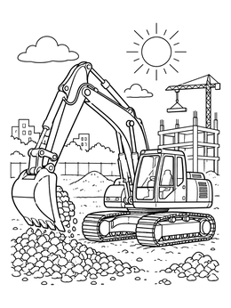 A detailed backhoe coloring page showing a tracked excavator digging rocks near a crane under a sunny sky.