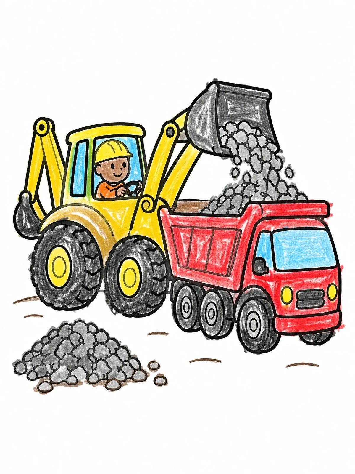 Colored example of the Backhoe Loader Filling Dump Truck coloring page