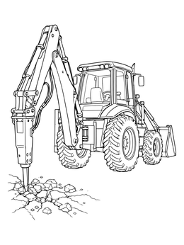 A realistic backhoe coloring page showing a loader using a jackhammer attachment to break pavement.
