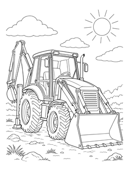 A detailed backhoe coloring page parked on a field under a bright sun with clouds.