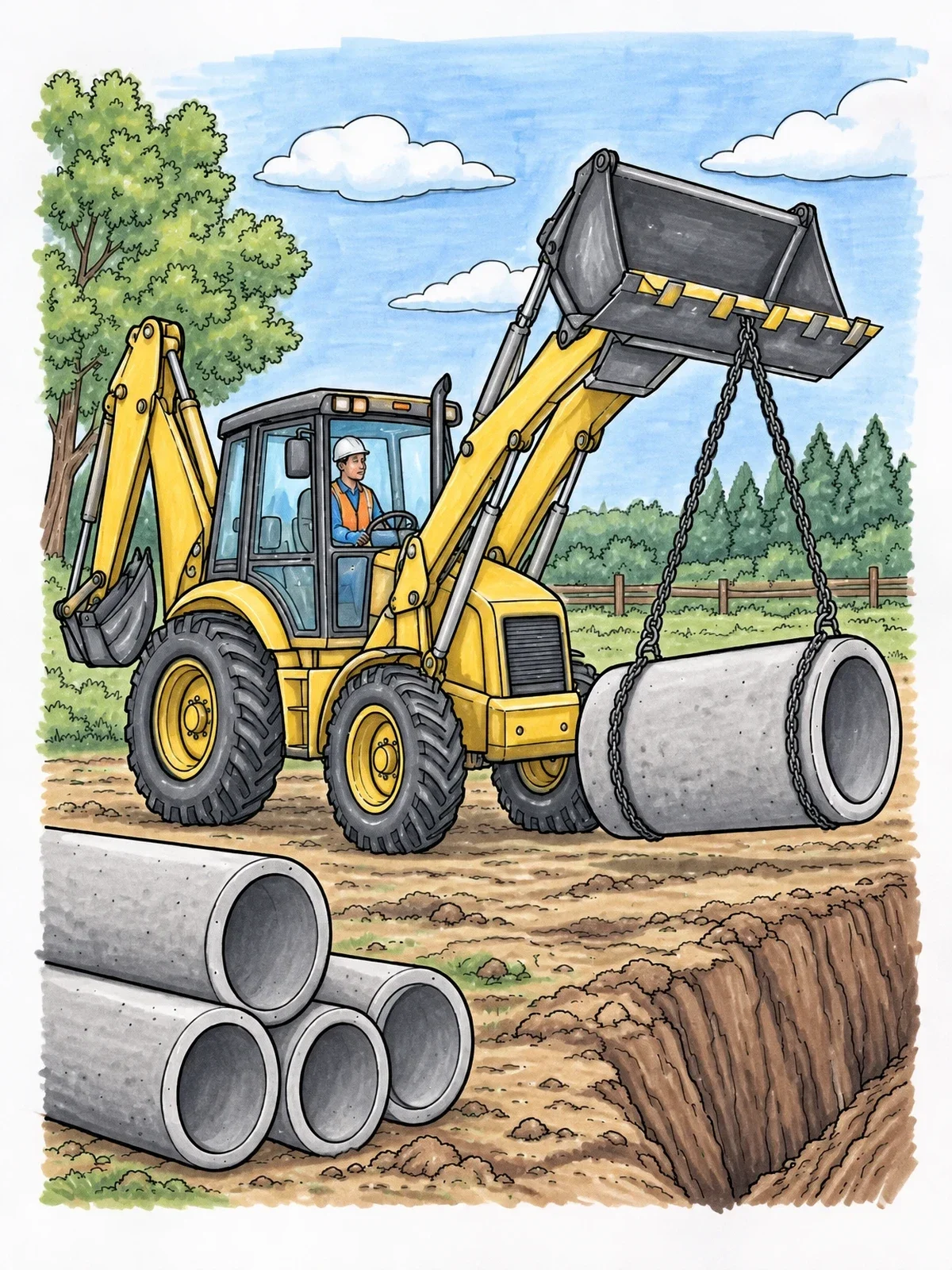 Colored example of the Backhoe Loader Lifting Concrete Pipe coloring page