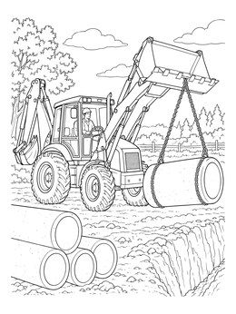 A detailed backhoe coloring page shows a machine lifting a heavy concrete pipe with chains.