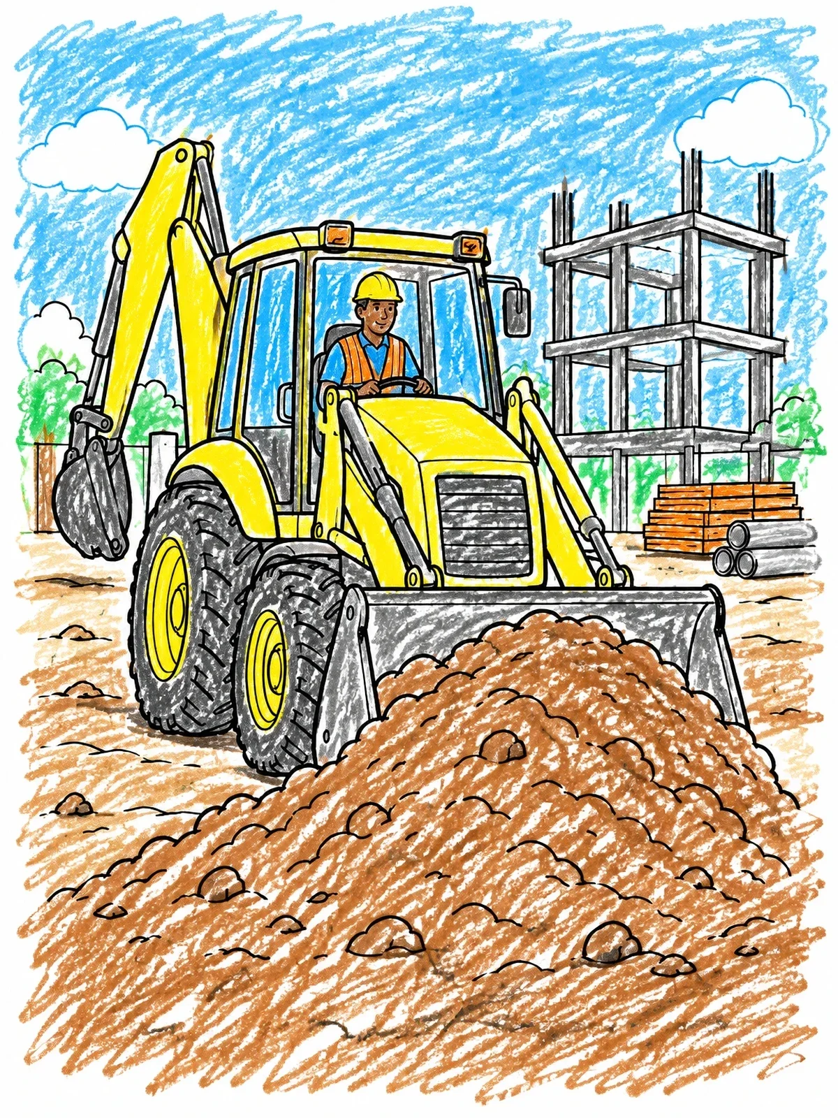 Colored example of the Backhoe Loader On Construction Site coloring page