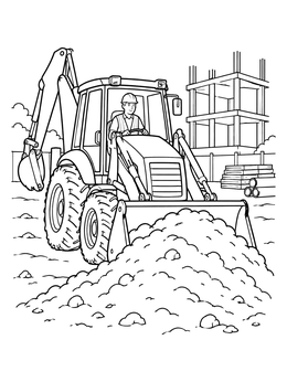 A detailed backhoe coloring page showing a worker moving a mound of dirt at a construction site.