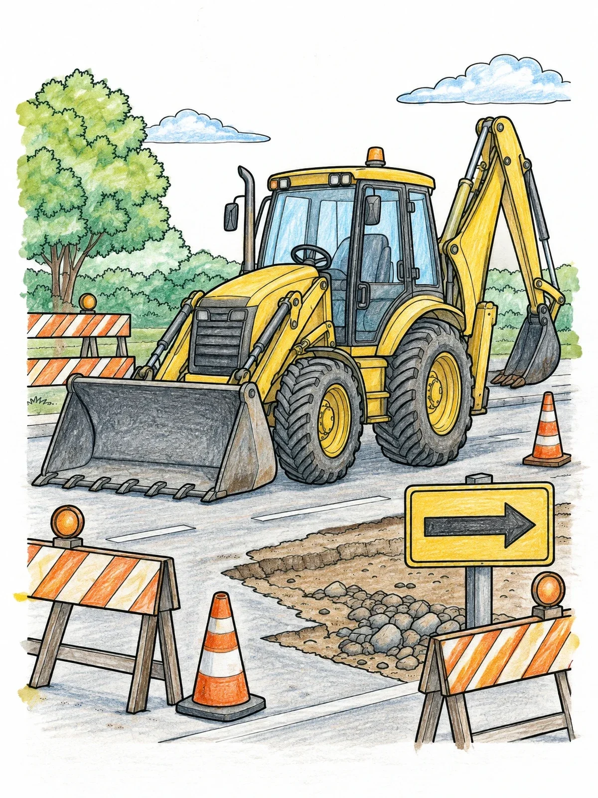 Colored example of the Backhoe Loader At Road Construction Site coloring page