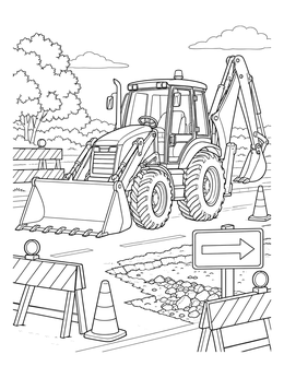 A detailed backhoe coloring page showing a digger working in a road repair zone with detour signs.