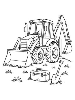 A detailed backhoe coloring page featuring a construction tractor, toolbox, and shovel on grass.