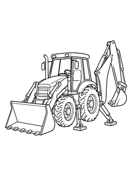 Detailed backhoe coloring page showing stabilizer legs and an excavator arm.