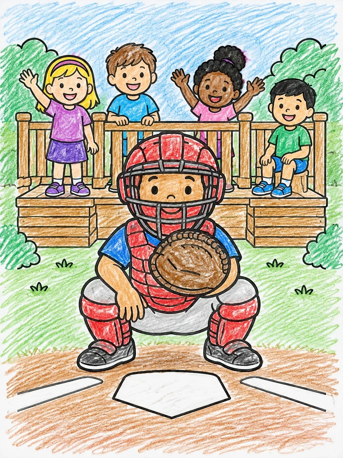 Colored example of the Backyard Baseball Catcher And Cheering Friends coloring page