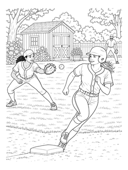 A runner dashes past base in this dynamic backyard coloring page.