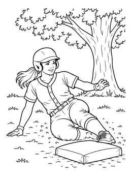 A player sliding into base under an oak tree in this backyard coloring page.