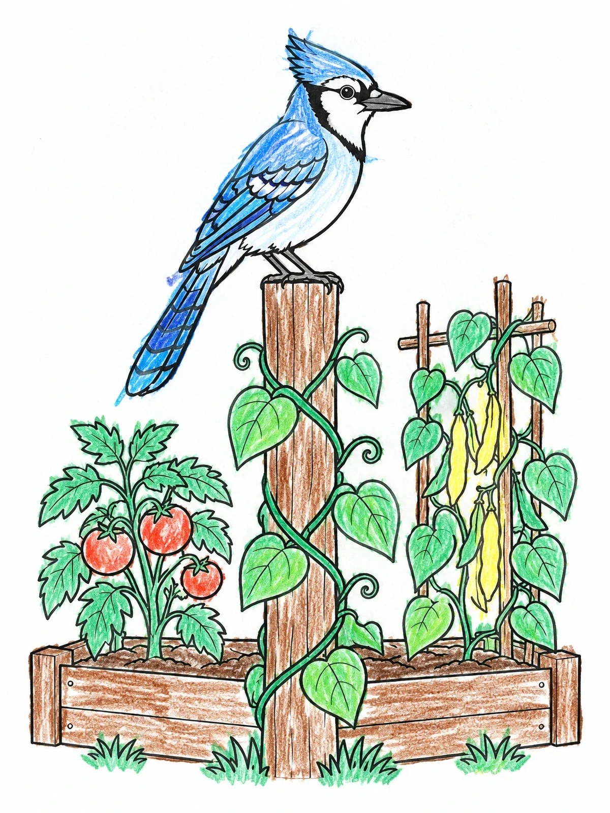 Colored example of the Blue Jay On Garden Post coloring page