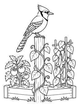 A blue jay sits atop a wooden post in this backyard coloring page featuring tomatoes and climbing beans.