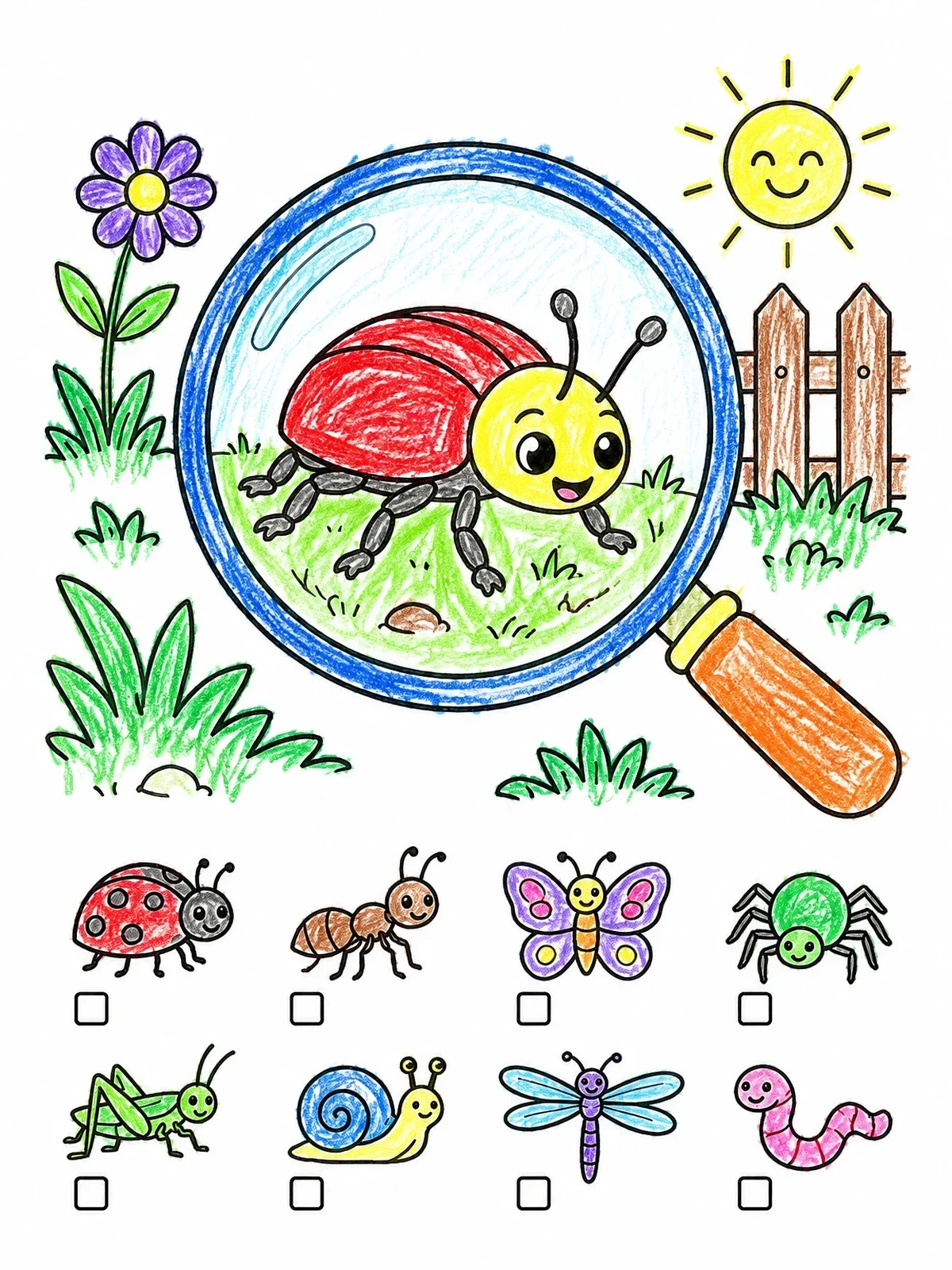 Colored example of the Backyard Bug Scavenger Hunt coloring page