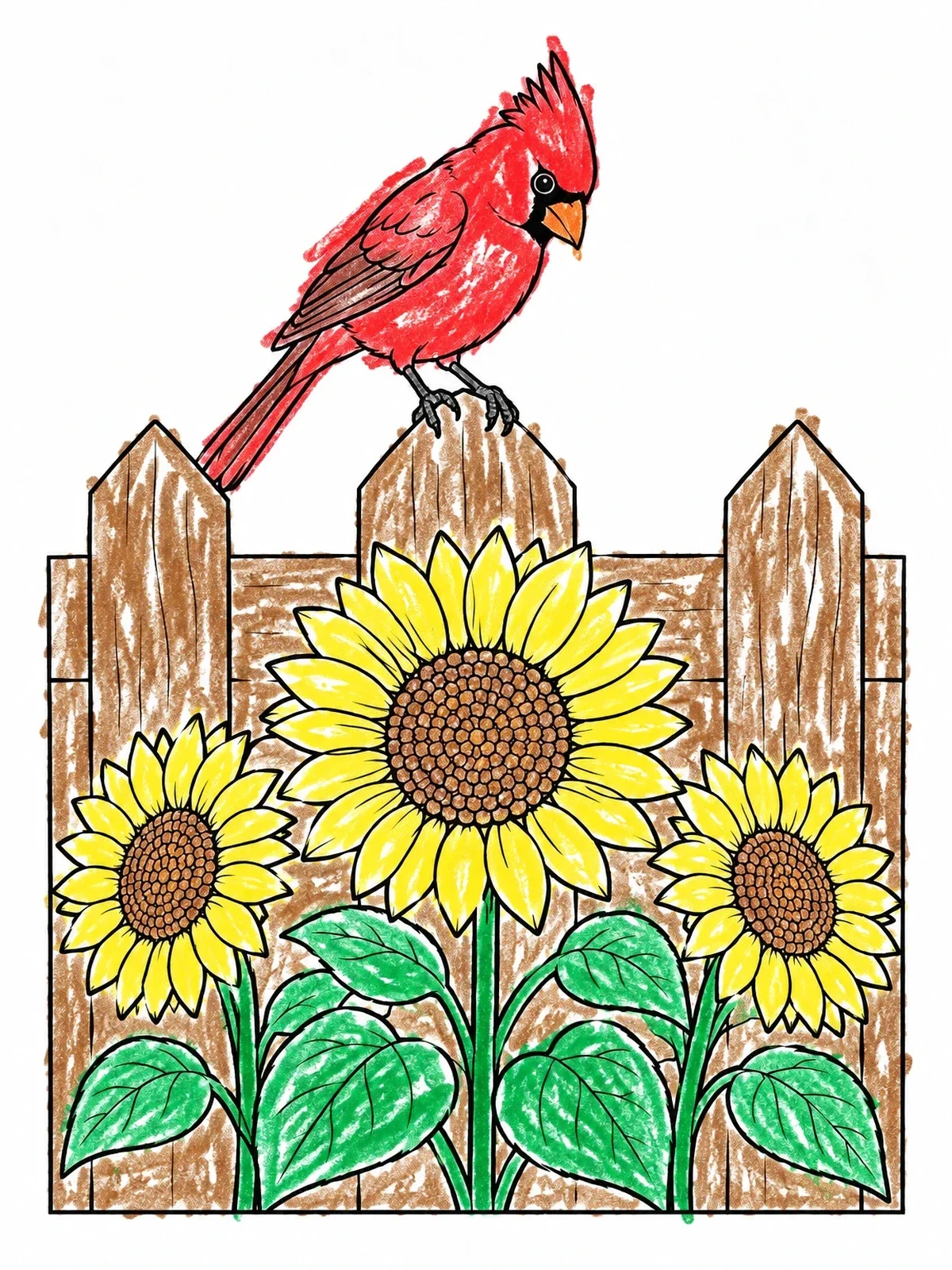 Colored example of the Cardinal On Fence With Sunflowers coloring page