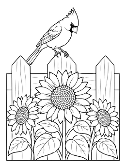 A backyard coloring page featuring a crested cardinal perched on a wooden fence above blooming sunflowers.