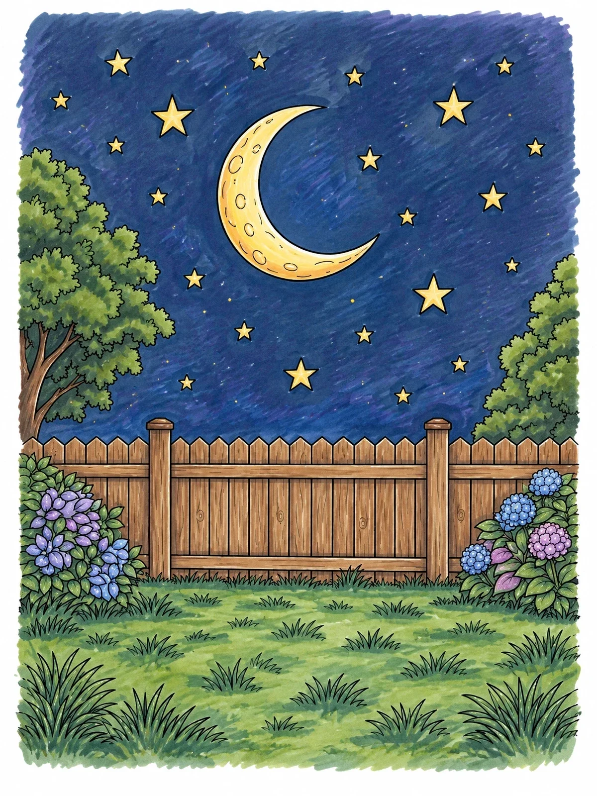 Colored example of the Backyard Under The Crescent Moon coloring page