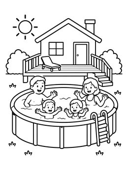 A happy family enjoys water fun in this backyard swimming pool coloring page with a sunny house.