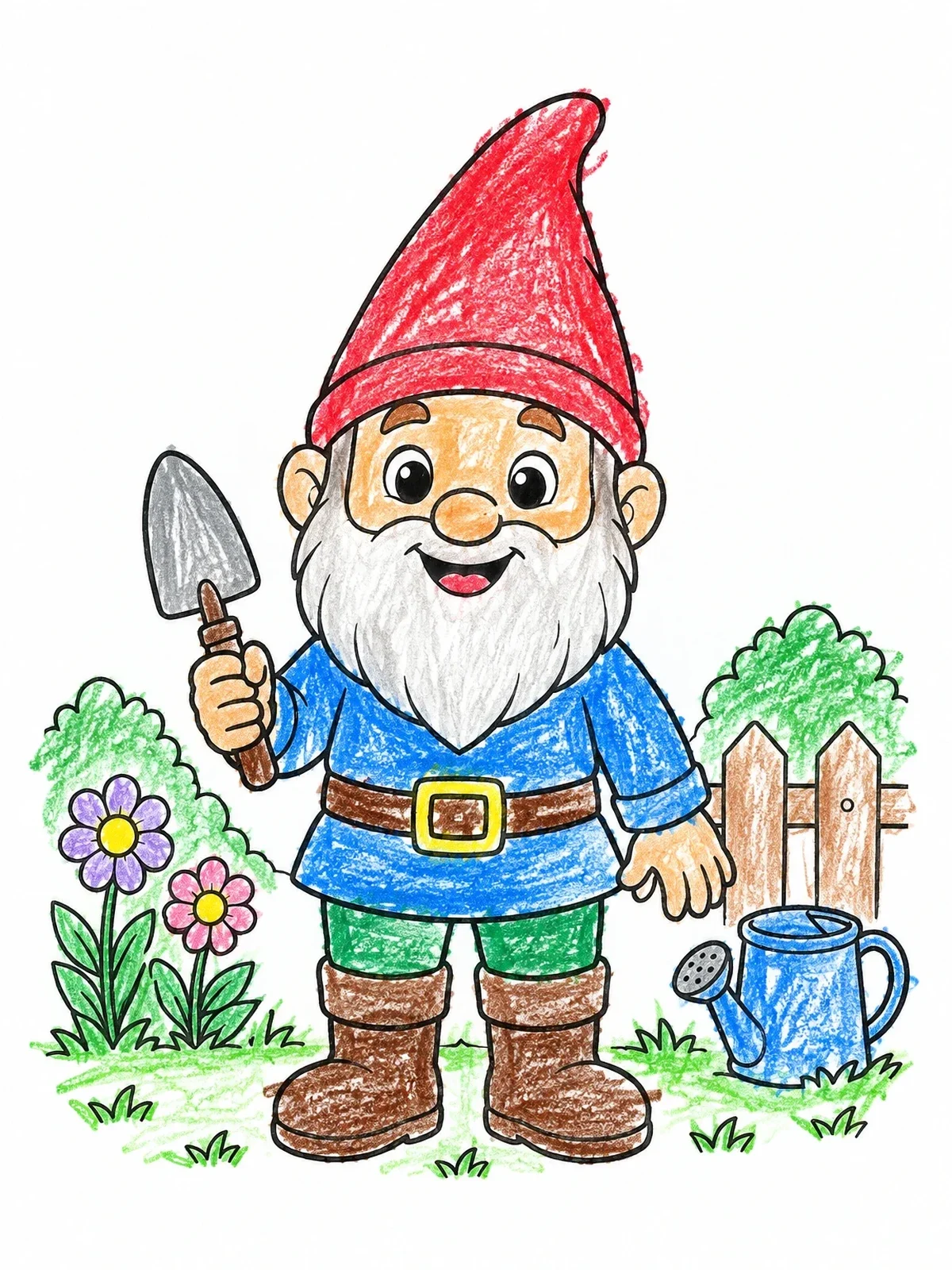 Colored example of the Friendly Garden Gnome With Trowel coloring page