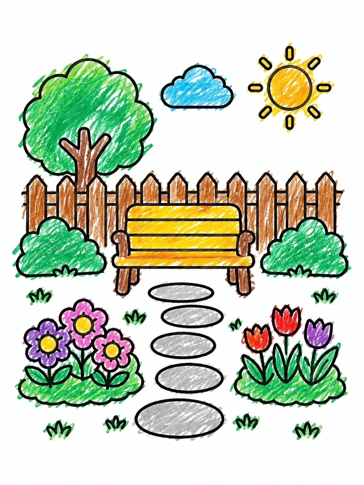 Colored example of the Garden Bench And Flower Path coloring page