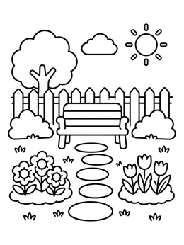 Free printable Garden Bench And Flower Path coloring page