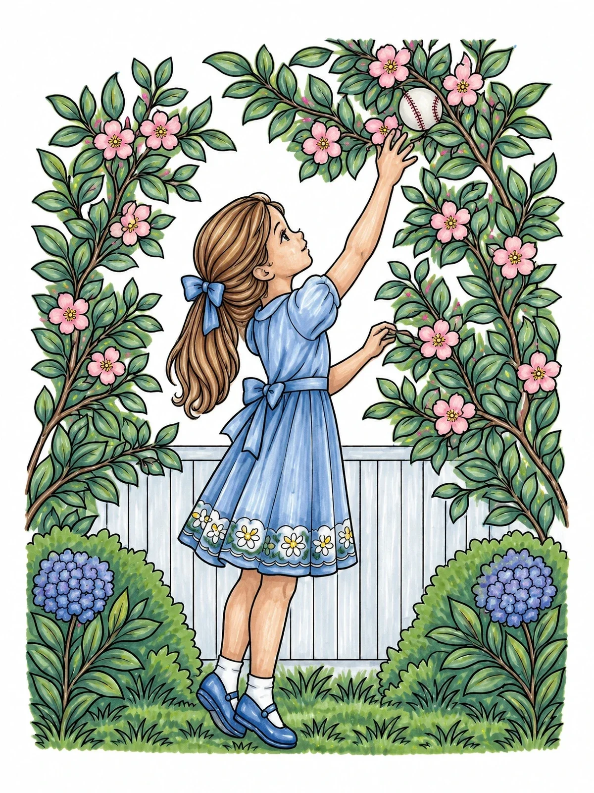 Colored example of the Girl Finding Baseball In Garden Hedge coloring page