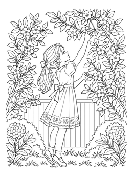 A girl reaching into a flowering bush in this backyard coloring page.