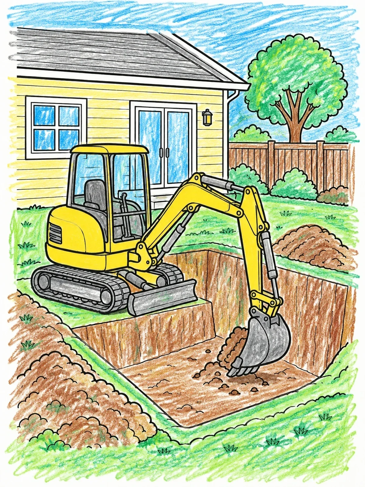 Colored example of the Backyard Mini Excavator Digging Pool coloring page