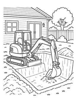 A detailed excavator coloring page featuring a compact digger scooping dirt in a backyard pit.
