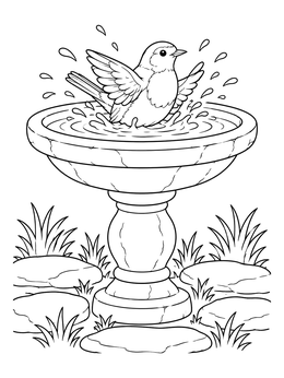 A cheerful robin splashing in a backyard coloring page with stone birdbath and grass.