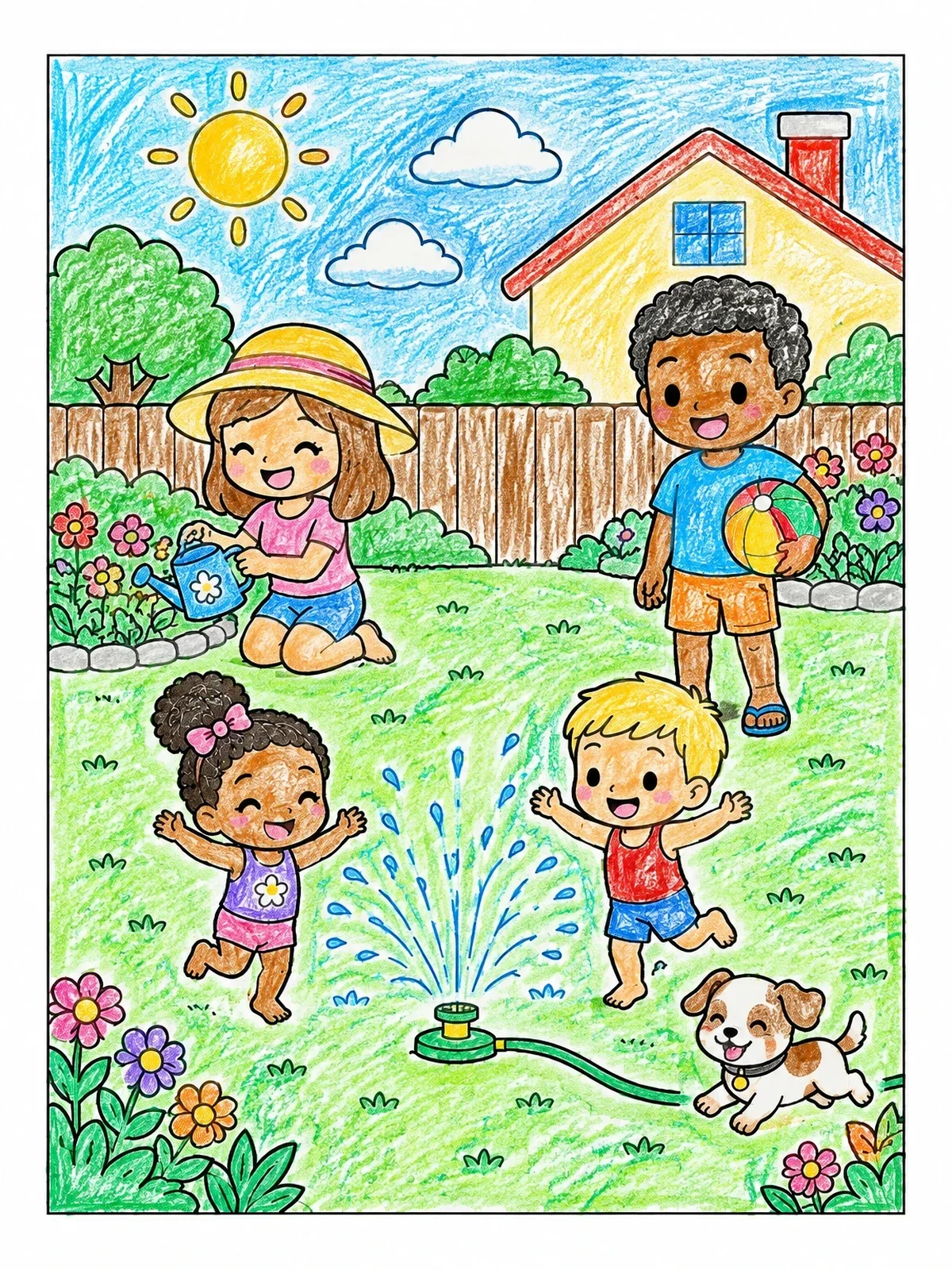Colored example of the Backyard Sprinkler Fun With Friends coloring page
