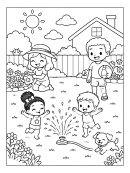 Kids and a puppy play outside in a summer kawaii coloring page.