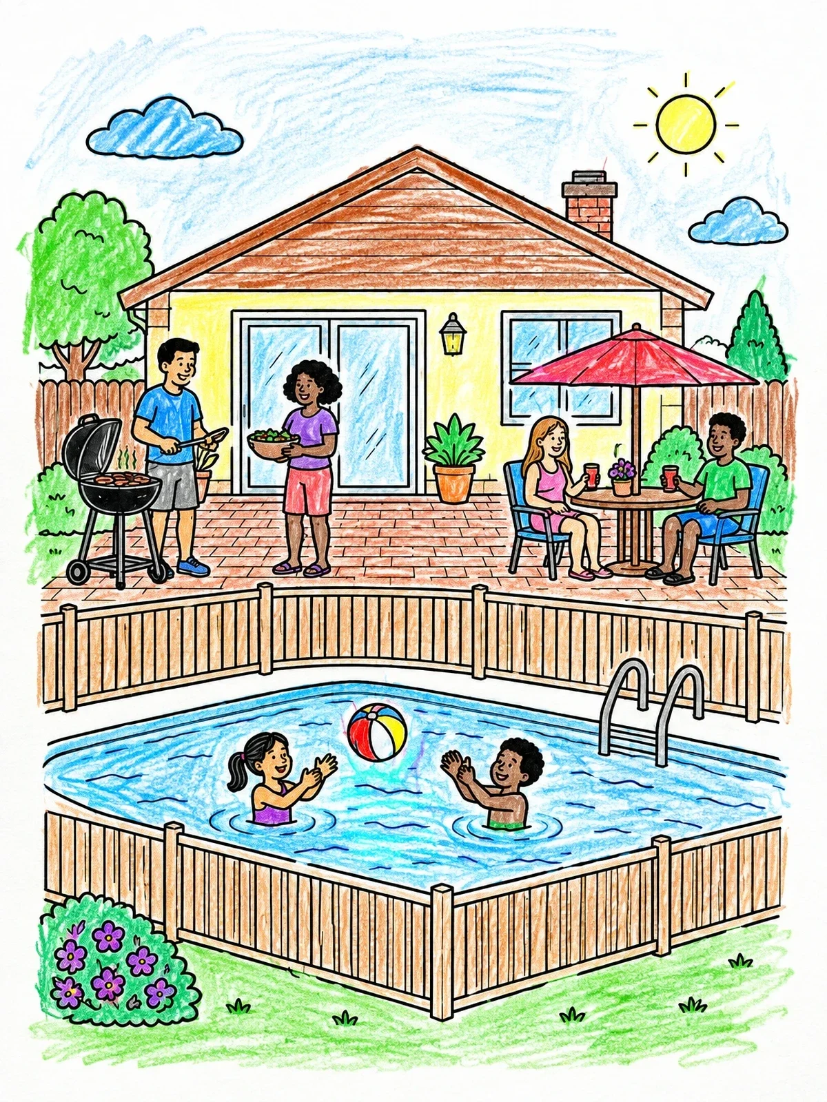 Colored example of the Family Backyard Pool And Barbecue coloring page