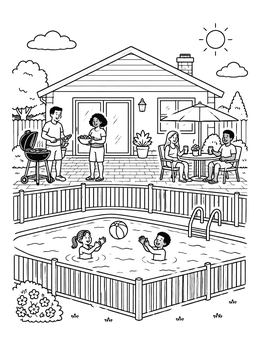 Kids play with a beach ball in this swimming pool coloring page with family enjoying a barbecue.