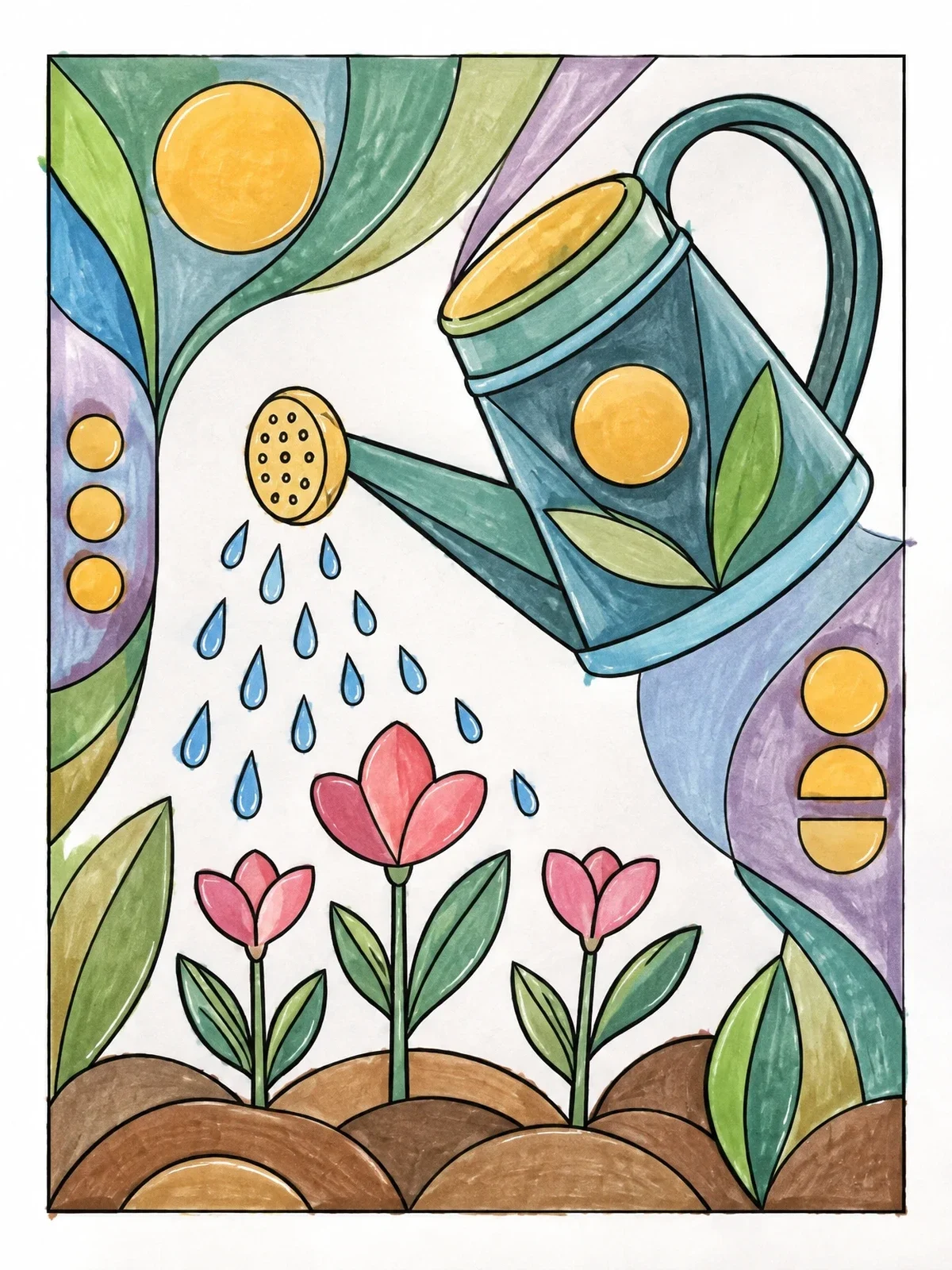 Colored example of the Watering Can And Garden Blooms coloring page