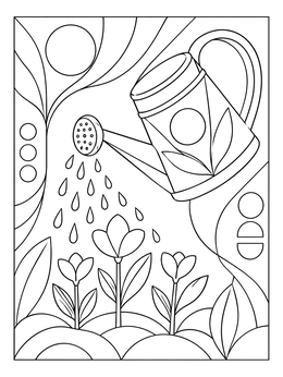 A decorative watering can sprinkles drops over flowers in this backyard coloring page.