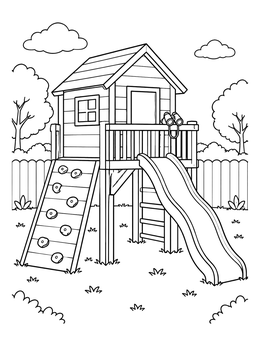 Free printable Backyard Wooden Playhouse With Slide coloring page